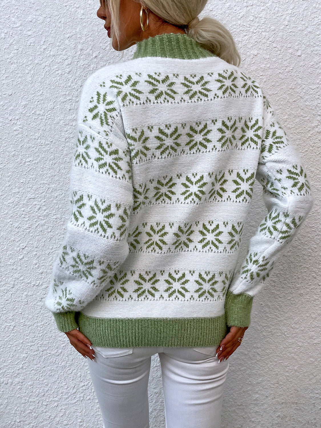 Snowflake Pattern Mock Neck Sweater. - Maison Novaire