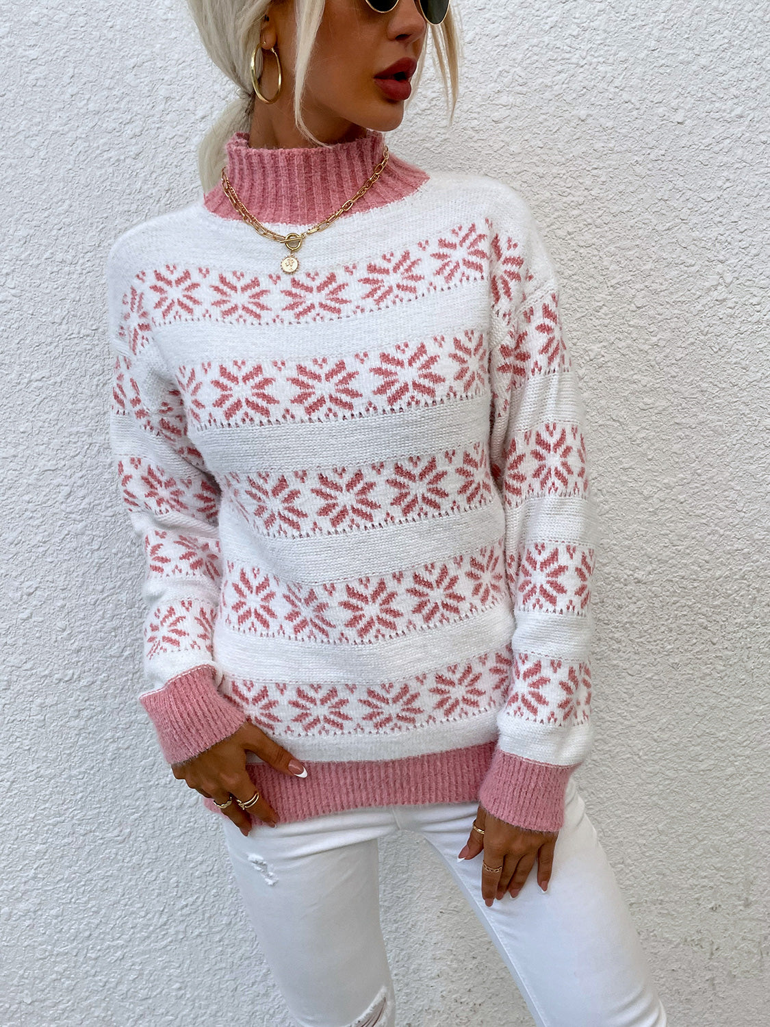 Snowflake Pattern Mock Neck Sweater. - Maison Novaire