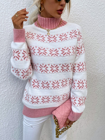 Snowflake Pattern Mock Neck Sweater. - Maison Novaire