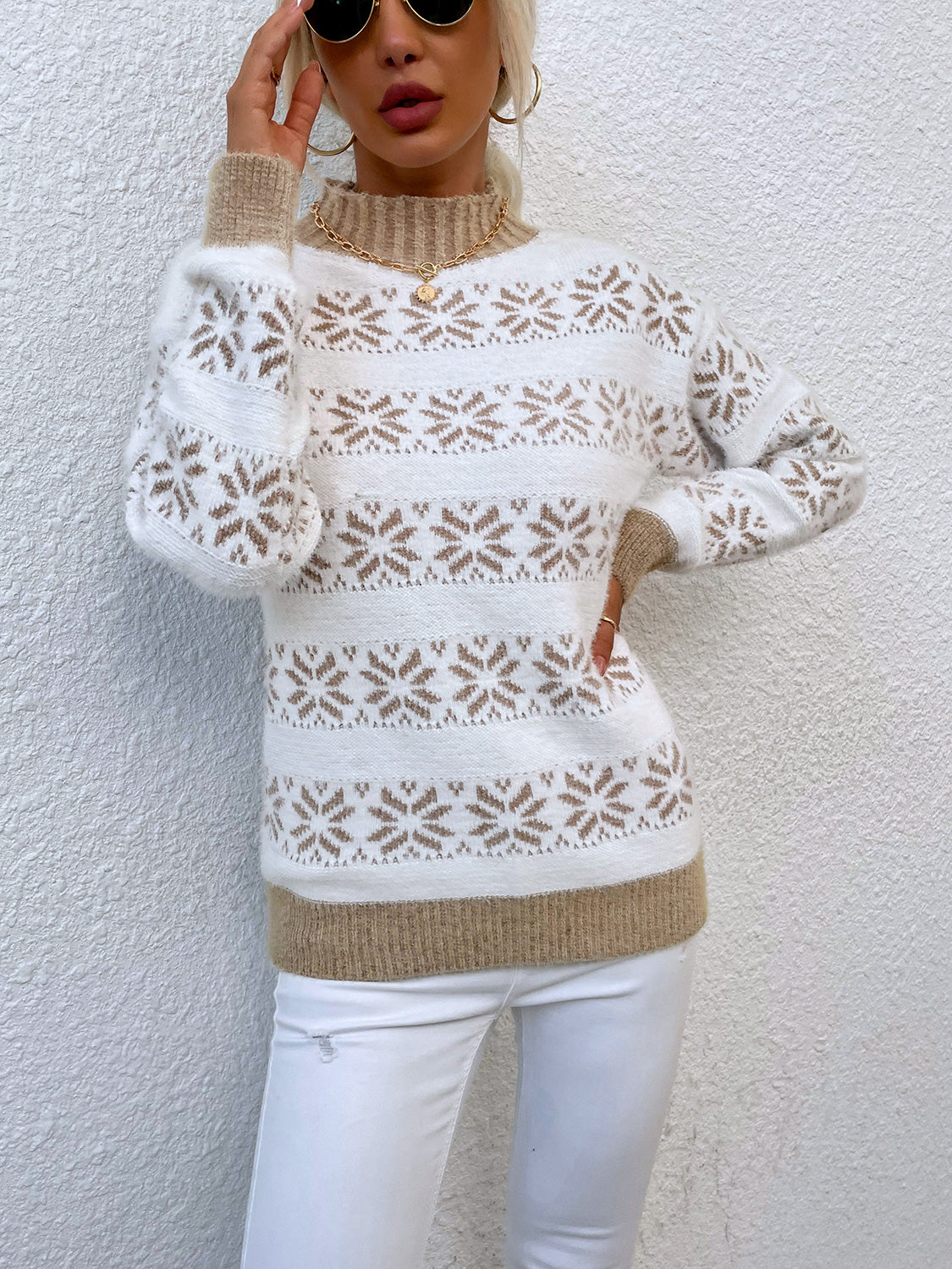 Snowflake Pattern Mock Neck Sweater. - Maison Novaire