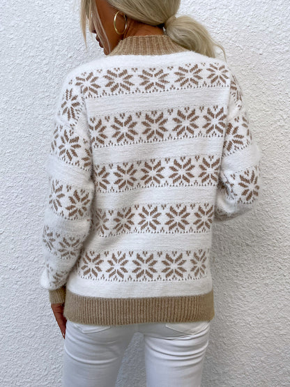 Snowflake Pattern Mock Neck Sweater. - Maison Novaire