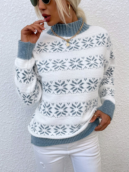 Snowflake Pattern Mock Neck Sweater. - Maison Novaire