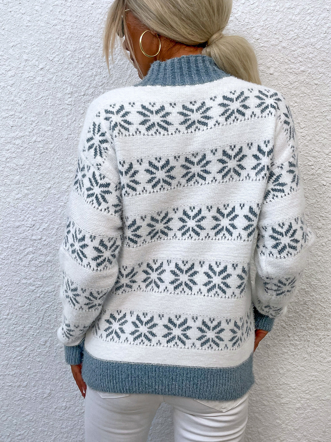 Snowflake Pattern Mock Neck Sweater. - Maison Novaire