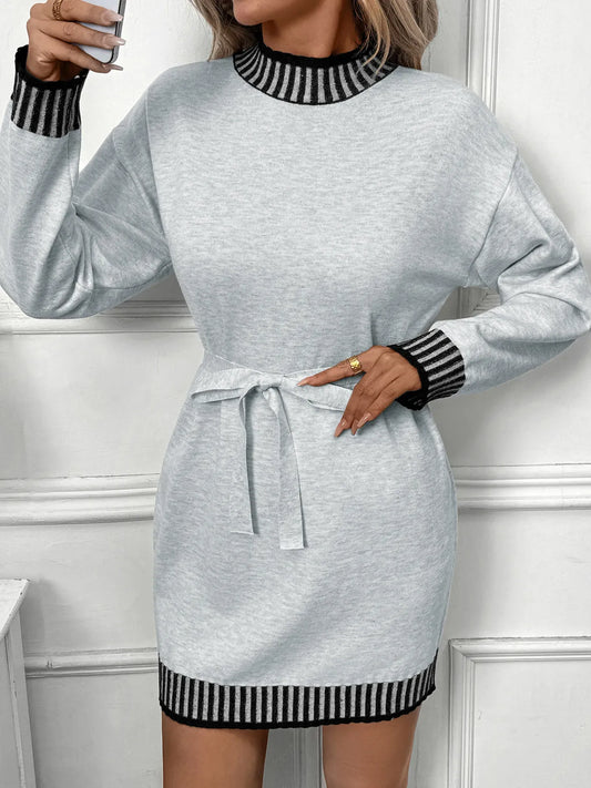 Striped Trim Tie Waist Sweater Dress - BLAKESTORE-NG