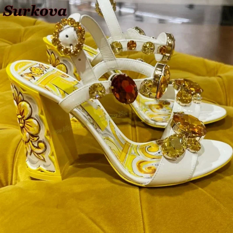 Summer Gemstone Thick Heel Printed Dress Sandals for Women. - Maison Novaire