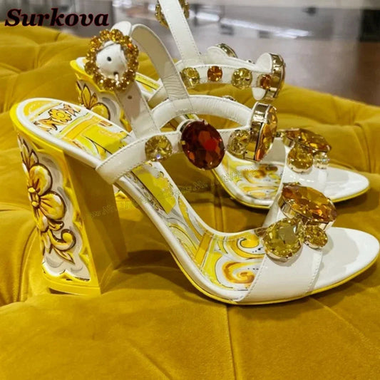 Summer Gemstone Thick Heel Printed Dress Sandals for Women. - Maison Novaire