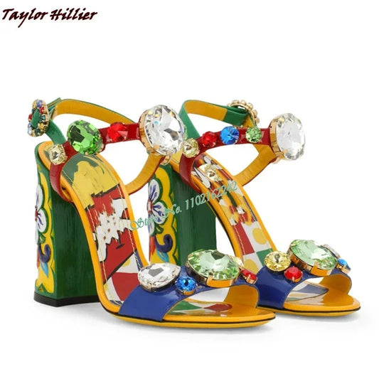 Summer Gemstone Thick Heel Printed Dress Sandals for Women. - Maison Novaire