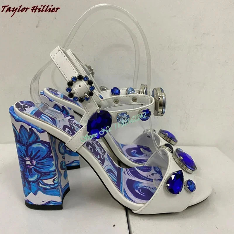 Summer Gemstone Thick Heel Printed Dress Sandals for Women. - Maison Novaire