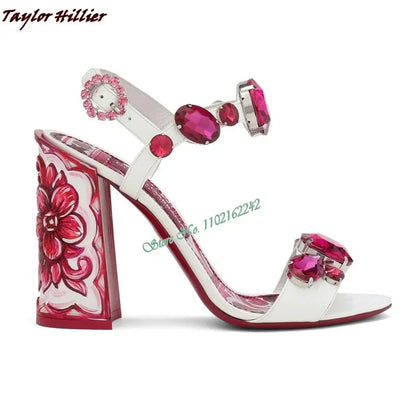 Summer Gemstone Thick Heel Printed Dress Sandals for Women. - Maison Novaire