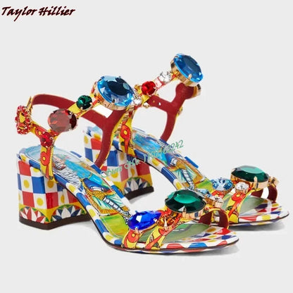Summer Gemstone Thick Heel Printed Dress Sandals for Women. - Maison Novaire