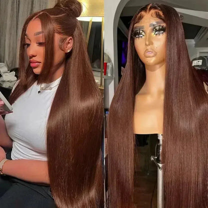 Swiss Lace 36” Chocolate Brown HD Bone Straight Wig - Maison Novaire
