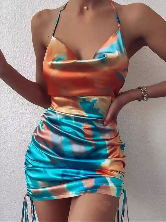 Tie-Dye Halter Ruched Mini Dress with Side Drawstring. - Maison Novaire