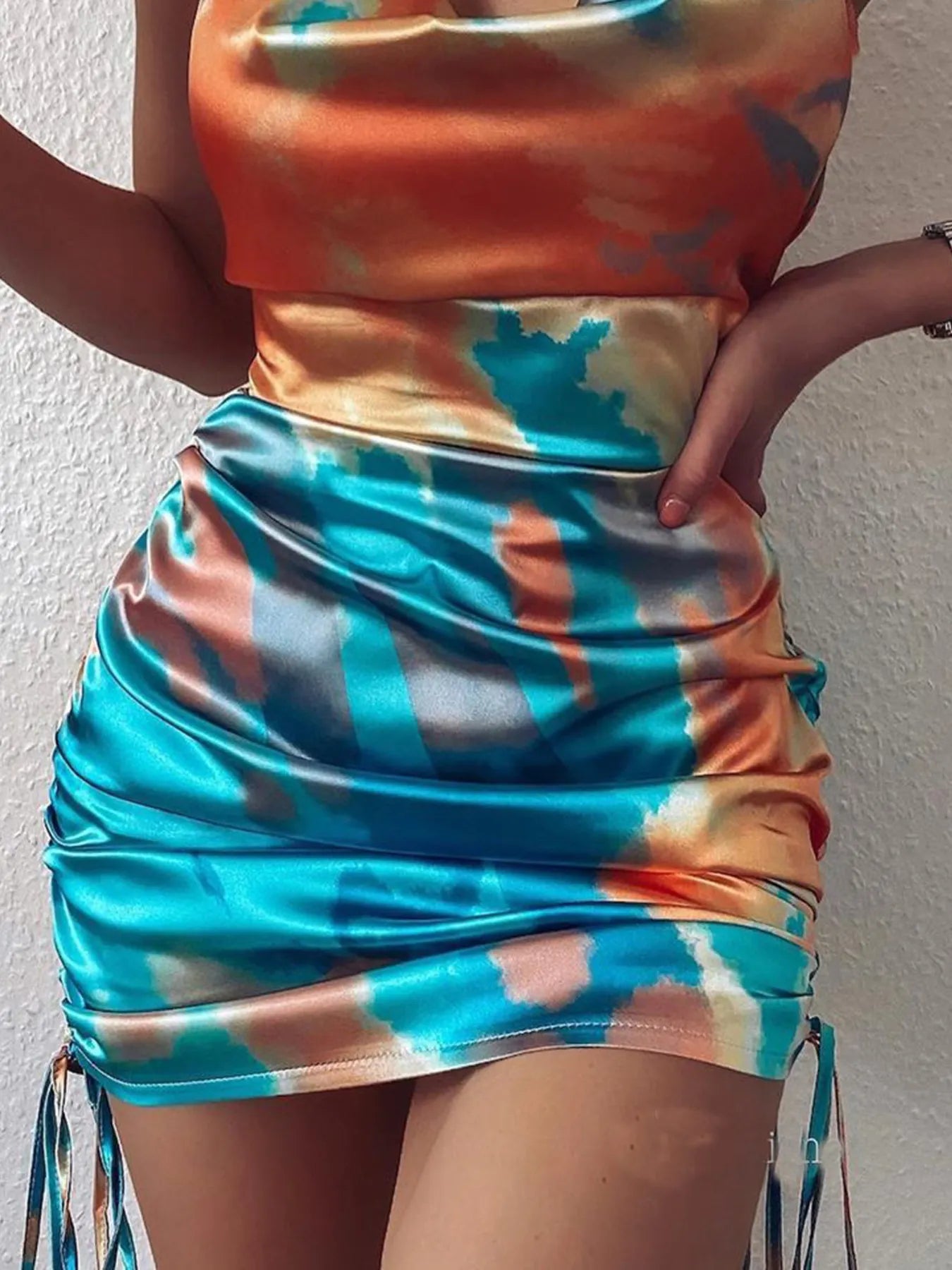 Tie-Dye Halter Ruched Mini Dress with Side Drawstring. - Maison Novaire