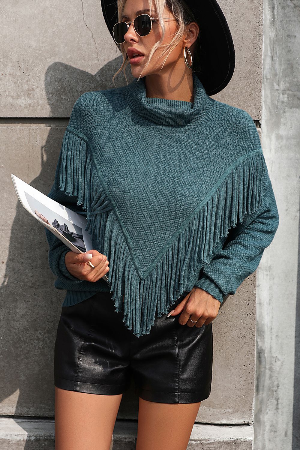 Turtle Neck Tassel Front Long Sleeve Pullover Sweater - Maison Novaire #