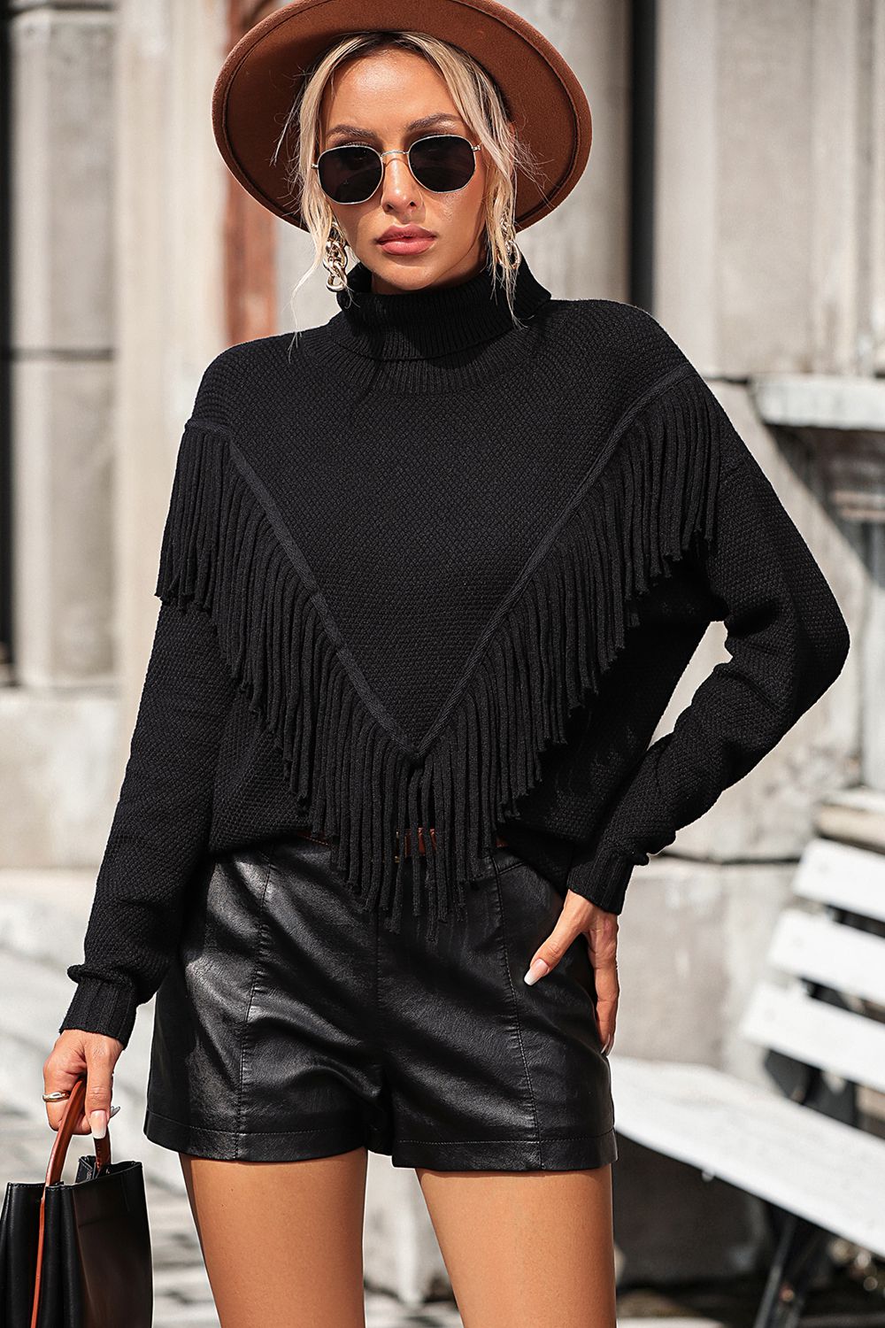 Turtle Neck Tassel Front Long Sleeve Pullover Sweater - Maison Novaire #