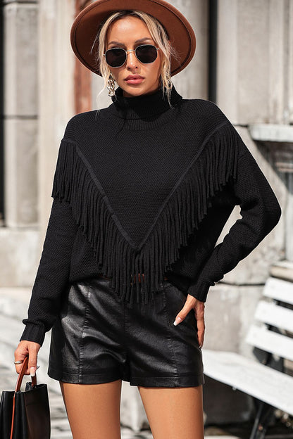 Turtle Neck Tassel Front Long Sleeve Pullover Sweater - Maison Novaire #