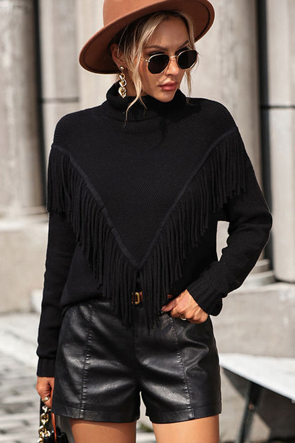 Turtle Neck Tassel Front Long Sleeve Pullover Sweater - Maison Novaire #