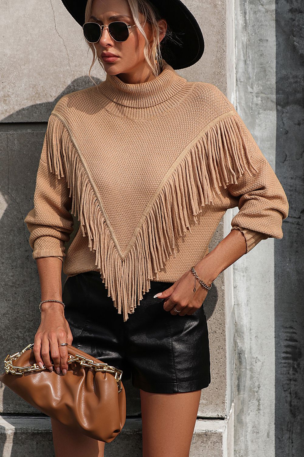 Turtle Neck Tassel Front Long Sleeve Pullover Sweater - Maison Novaire #