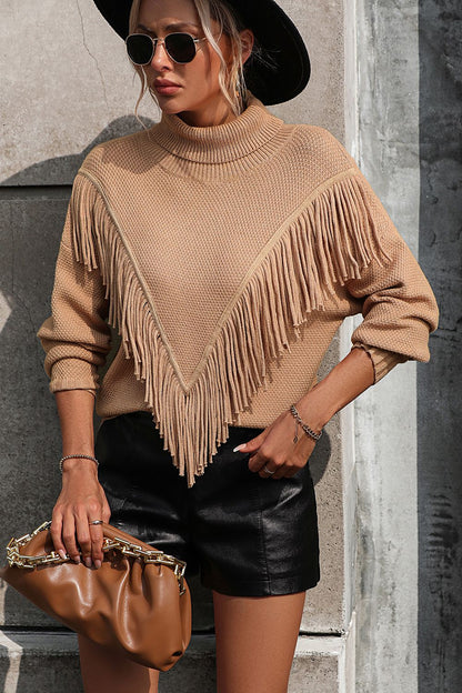 Turtle Neck Tassel Front Long Sleeve Pullover Sweater - Maison Novaire #