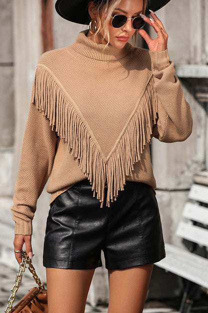 Turtle Neck Tassel Front Long Sleeve Pullover Sweater - Maison Novaire #