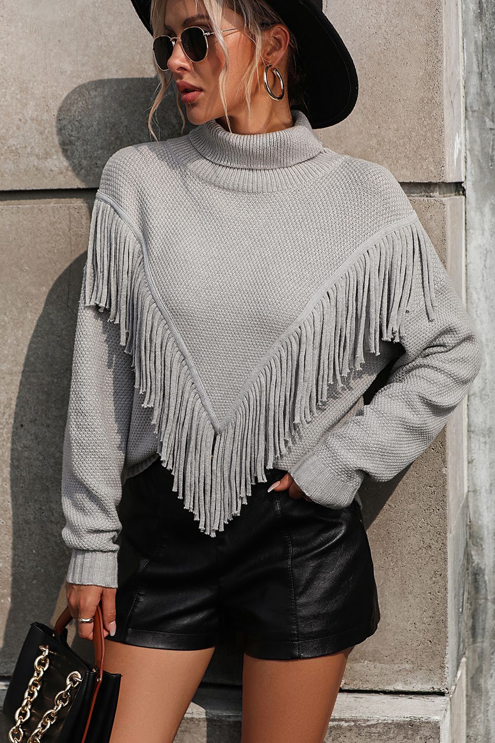 Turtle Neck Tassel Front Long Sleeve Pullover Sweater - Maison Novaire #