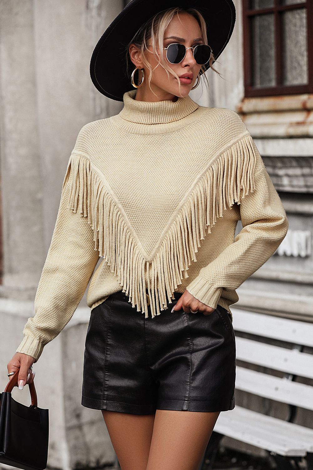 Turtle Neck Tassel Front Long Sleeve Pullover Sweater - Maison Novaire #