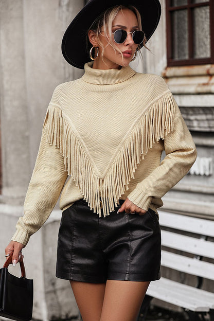 Turtle Neck Tassel Front Long Sleeve Pullover Sweater - Maison Novaire #