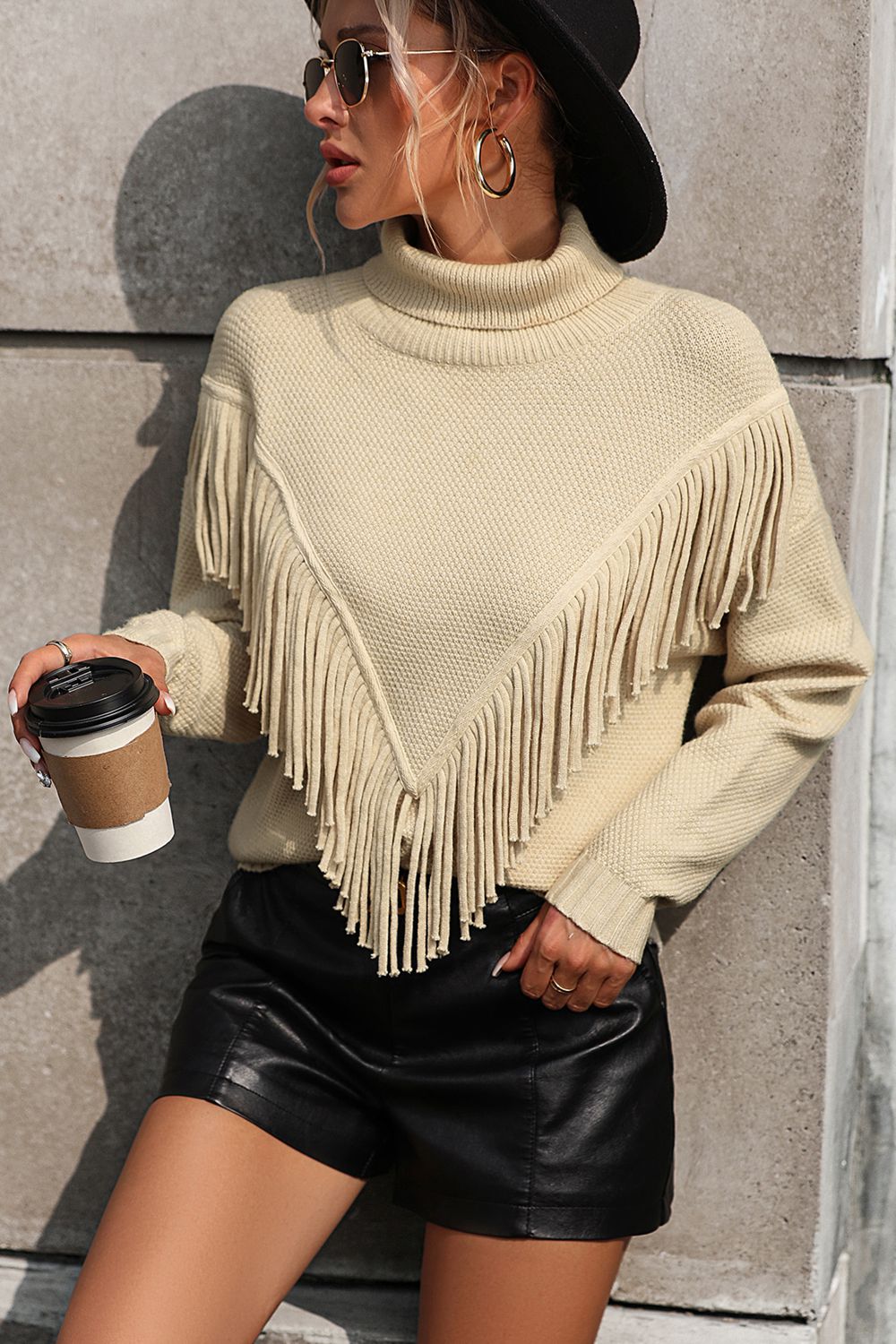 Turtle Neck Tassel Front Long Sleeve Pullover Sweater - Maison Novaire #