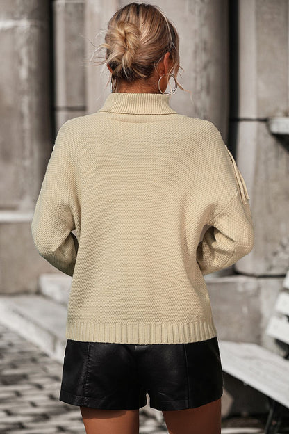 Turtle Neck Tassel Front Long Sleeve Pullover Sweater - Maison Novaire #