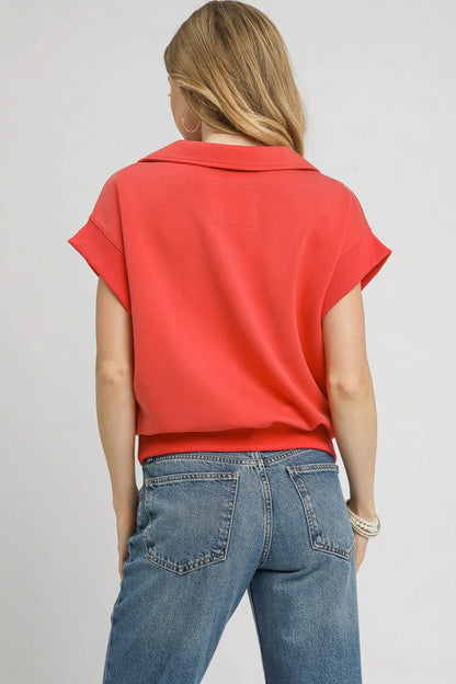 Umgee Luxe Knit Collared Short Sleeve Polo Sweatshirt. - Maison Novaire