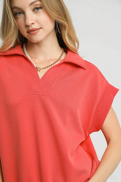 Umgee Luxe Knit Collared Short Sleeve Polo Sweatshirt. - Maison Novaire