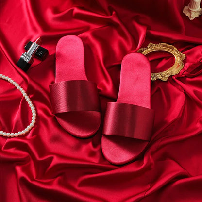 Woman Satin Slippers | Wedding Summer Bride Sandals Solid Burgundy