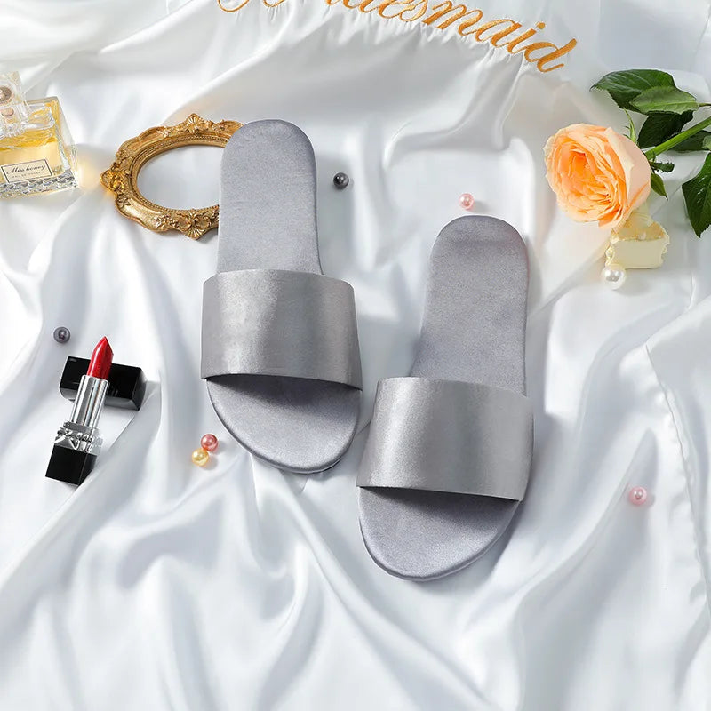 Woman Satin Slippers | Wedding Summer Bride Sandals Solid Gray