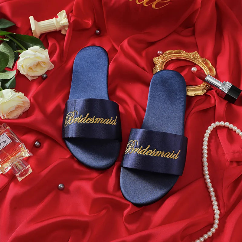 Woman Satin Slippers | Wedding Summer Bride Sandals Bridesmaid Navy Blue