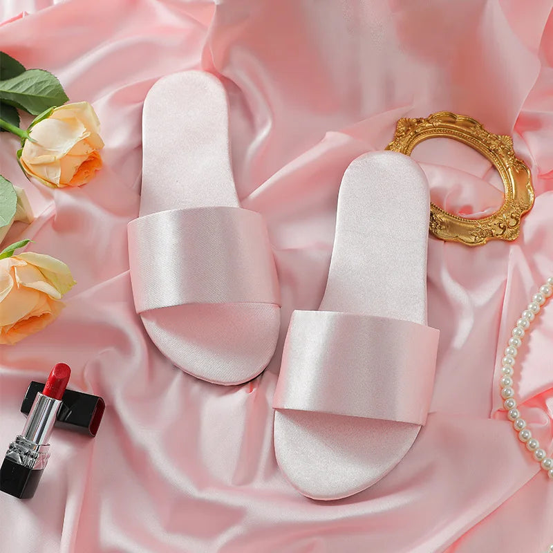 Woman Satin Slippers | Wedding Summer Bride Sandals Solid Pink