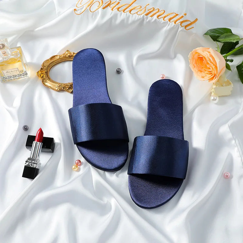 Woman Satin Slippers | Wedding Summer Bride Sandals Solid Navy Blue