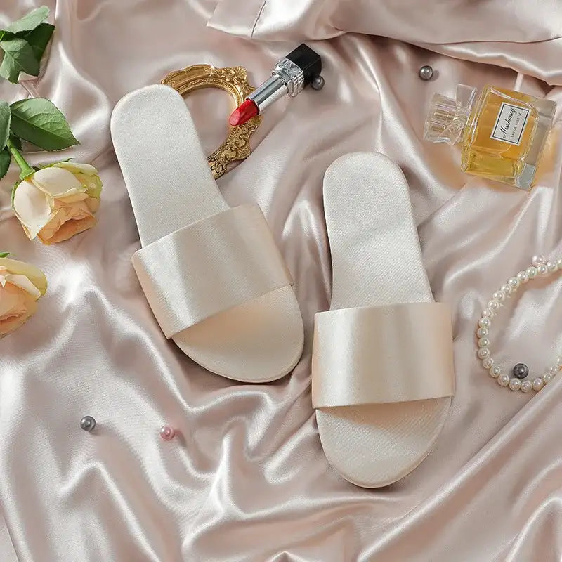 Woman Satin Slippers | Wedding Summer Bride Sandals Solid Champagne