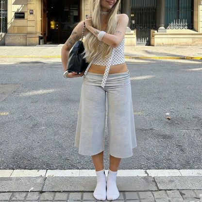 Women Fold Over Gaucho Pants | Low Rise Wide Leg Capri - Maison Novaire