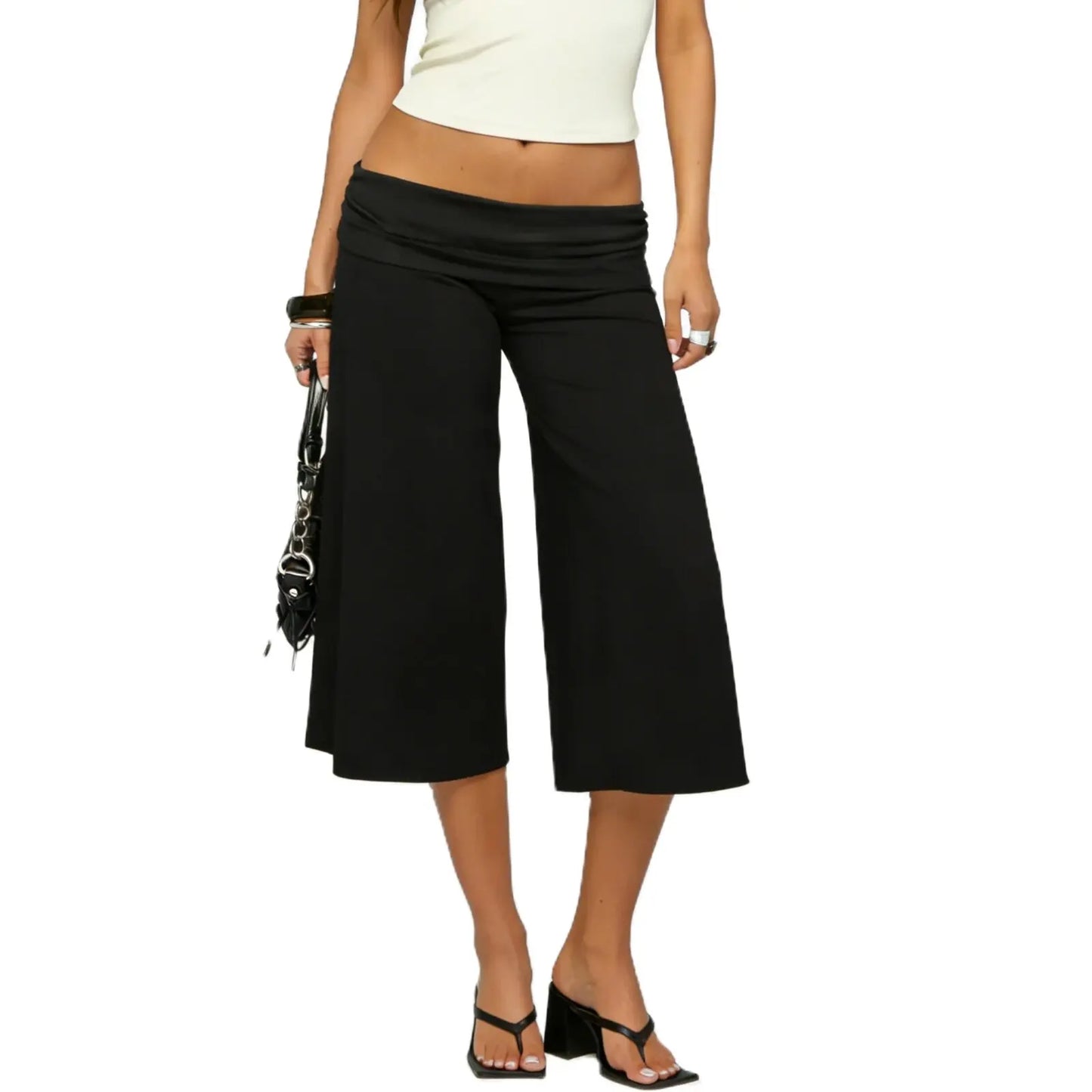 Women Fold Over Gaucho Pants | Low Rise Wide Leg Capri - Maison Novaire
