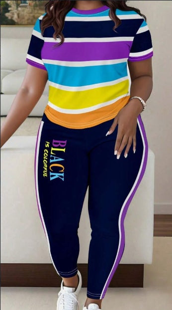 Women Striped T-Shirt And Pants Casual Set  - Multicolor / 2XL - Maison Novaire