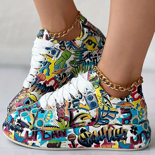 Women's Graffiti Print Sneakers. - Maison Novaire