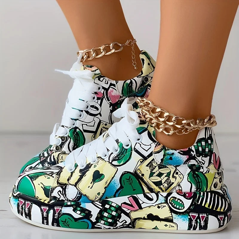 Women's Graffiti Print Sneakers. - Maison Novaire