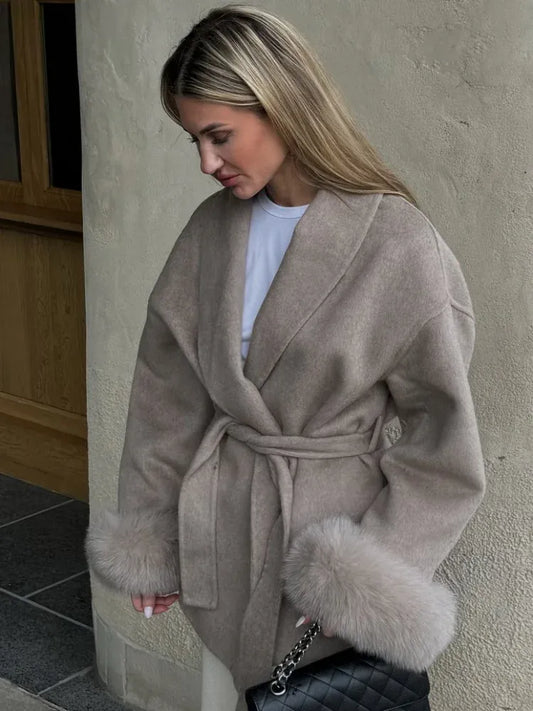 Women's Lace-Up Wool Coat | Furry Lapel Belted Short Jacket | Autumn Winter  - Oatmeal / M - Maison Novaire