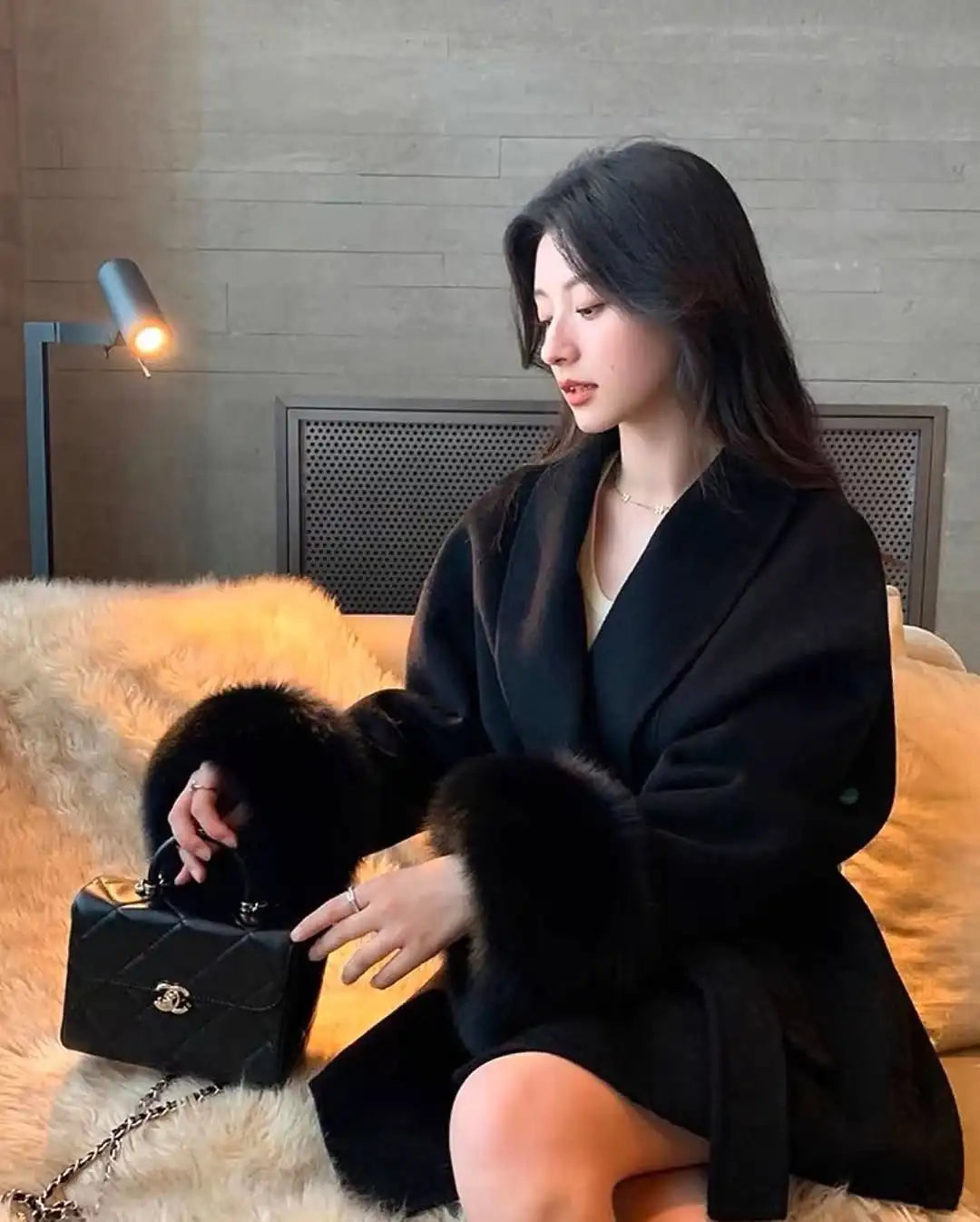 Women's Lace-Up Wool Coat | Furry Lapel Belted Short Jacket | Autumn Winter - Maison Novaire