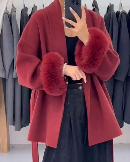 Women's Lace-Up Wool Coat | Furry Lapel Belted Short Jacket | Autumn Winter - Maison Novaire