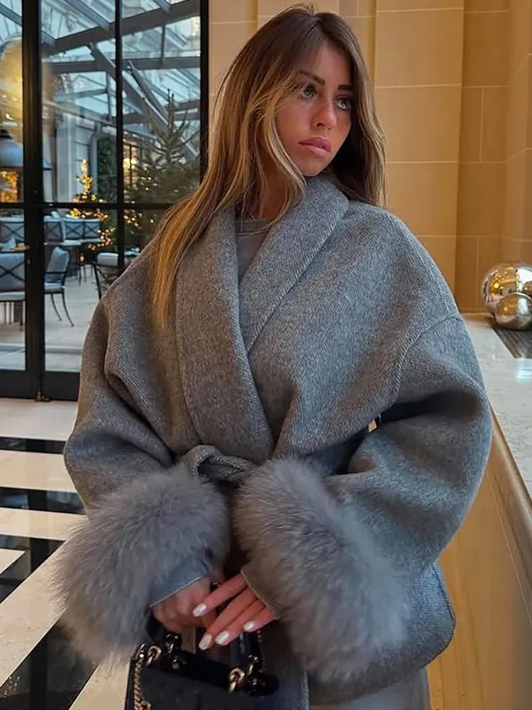 Women's Lace-Up Wool Coat | Furry Lapel Belted Short Jacket | Autumn Winter - Maison Novaire