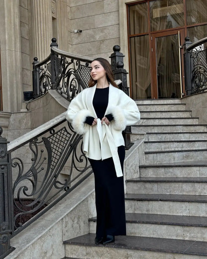 Women's Lace-Up Wool Coat | Furry Lapel Belted Short Jacket | Autumn Winter - Maison Novaire