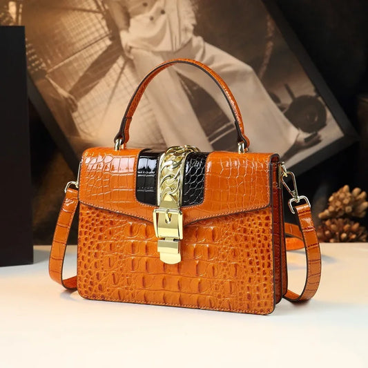 Women’s Leather Crocodile-Pattern Handbag – Messenger & Small Shoulder Bag  - Orange - Maison Novaire