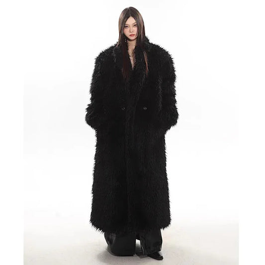 Women’s Luxury Faux Fox Fur Coat – Winter Warm Long Plush Trench Coat  - black / XXL - Maison Novaire