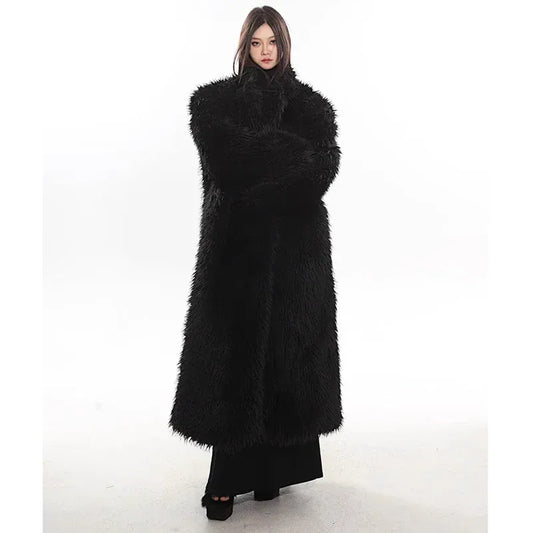 Women’s Luxury Faux Fox Fur Coat – Winter Warm Long Plush Trench Coat  - black / XXL - Maison Novaire